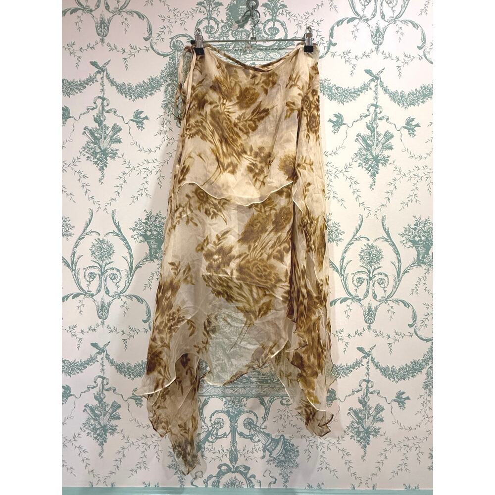 VTG KENZO Paris Silk Handkerchief Hem Skirt 36 US 4 Brown Floral Asymmetric